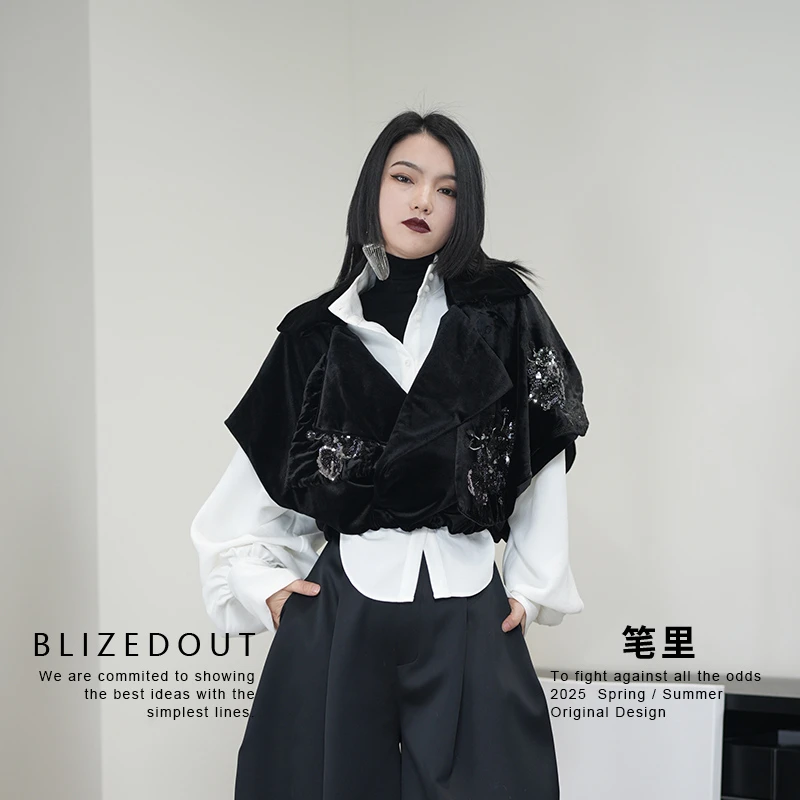 笔里【BLIZEDOUT】原创设计6010301黑色秋冬刺绣丝绒夹棉外套马夹