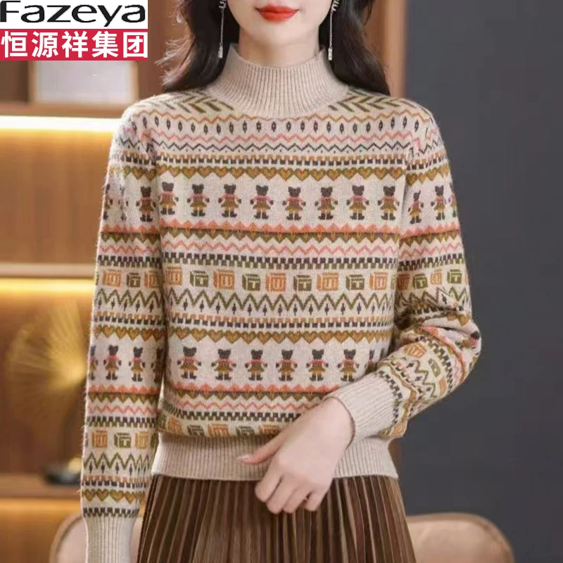 恒源祥集团彩羊毛衫女半高领复古羊毛针织衫冬季新款加厚小熊毛衣