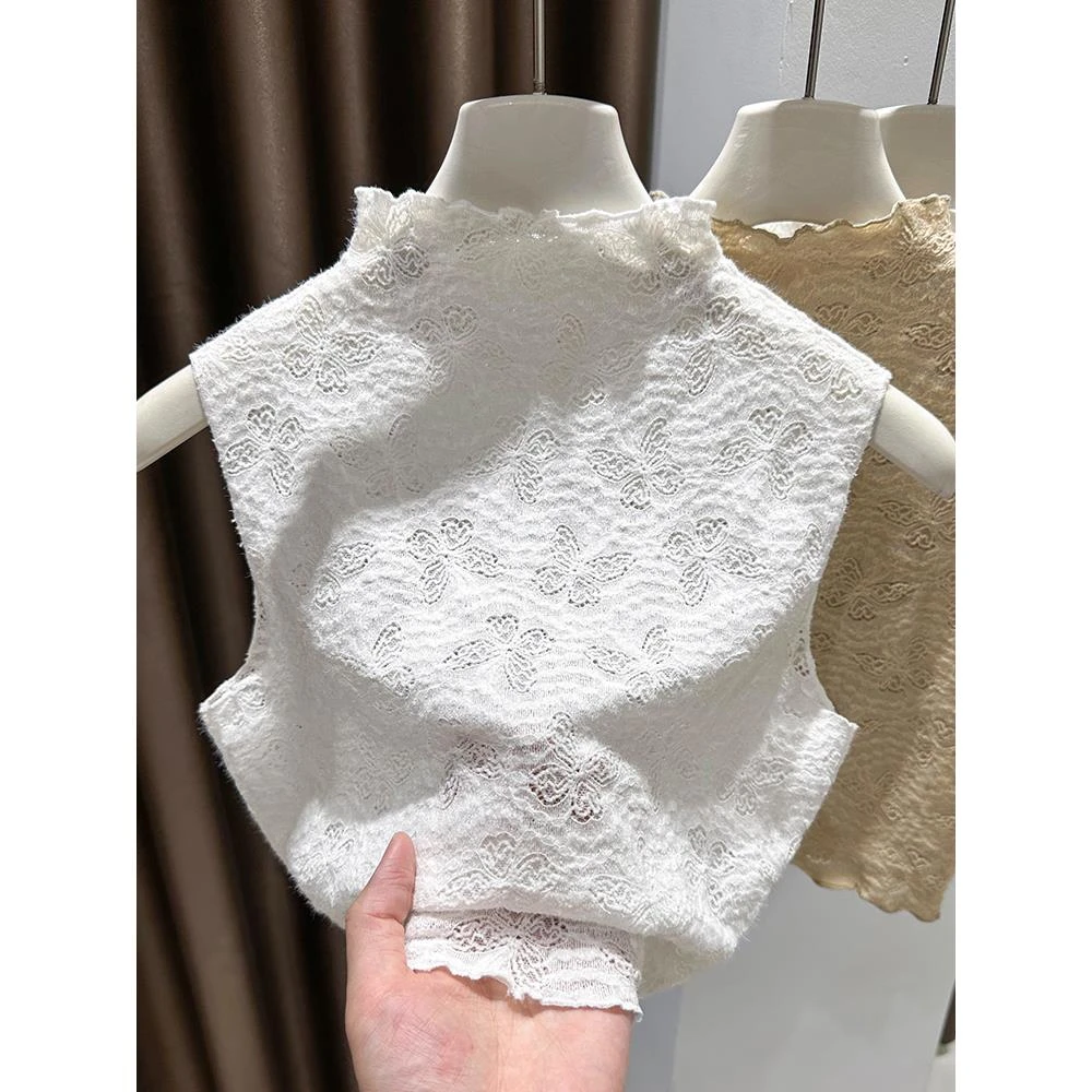 白色蕾丝无袖打底衫女秋季叠穿木耳边内搭半高领背心短款重工上衣