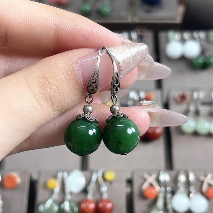 和田玉（碧玉）银S925镶嵌耳饰12左右