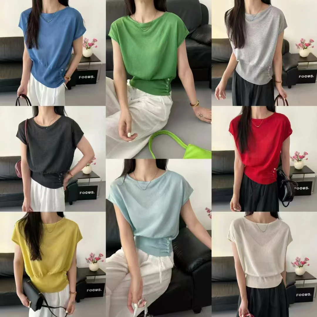 欧洲站2025年夏季新款时尚高腰纽扣针织衫女圆领短袖上衣潮