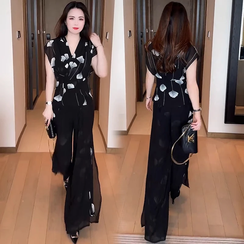 雪纺时尚套装女2025夏季新款洋气显瘦收腰短袖高腰阔腿裤两件套潮