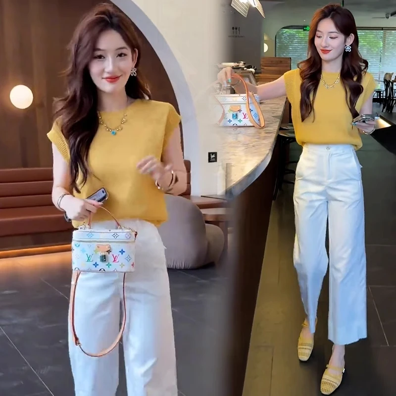 时尚套装女2025夏季新款洋气显瘦气质短袖上衣阔腿裤两件套潮