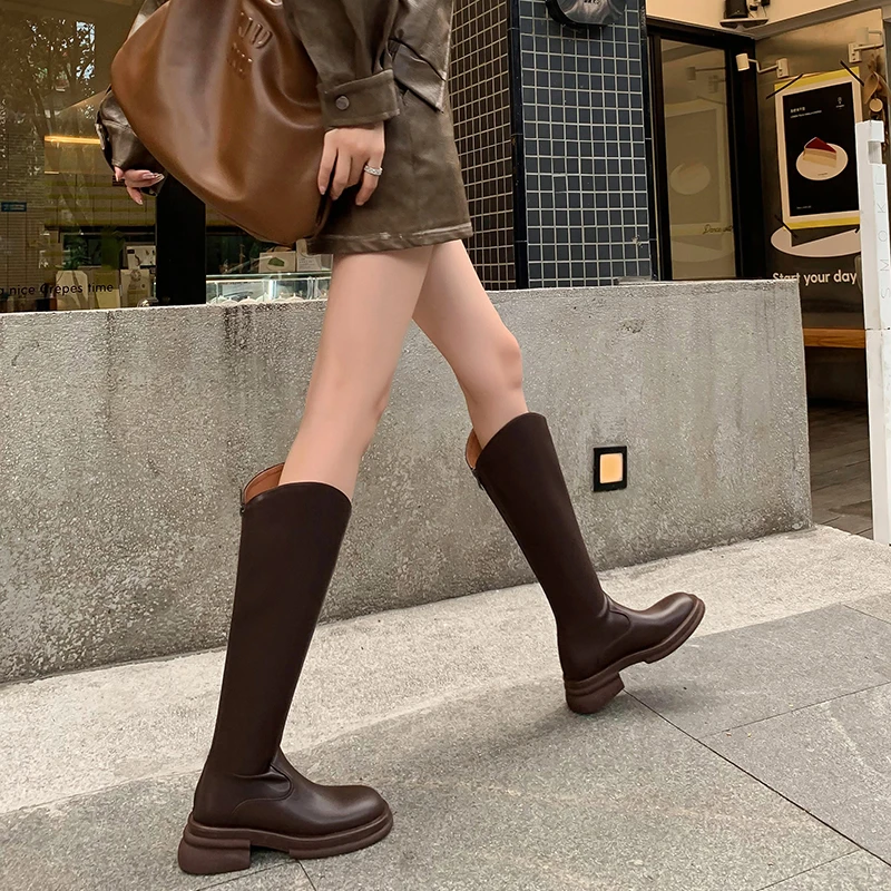 A315-9/5.5cm头层牛皮女鞋厚底长筒英伦风长靴圆头百搭时装靴