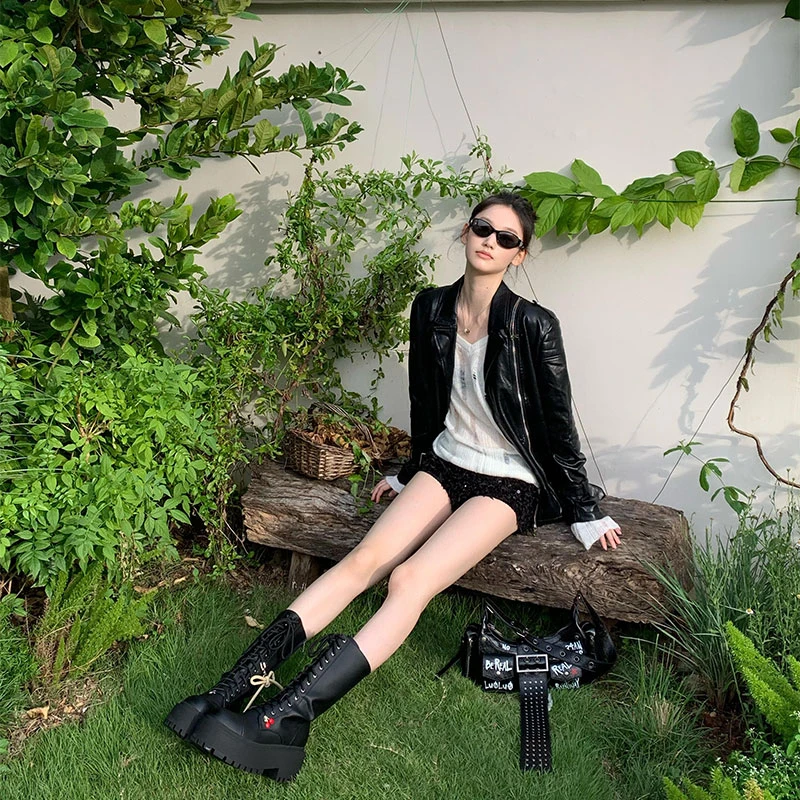 2025秋季新款chic网红同款甜酷风皮衣外套+薄款微透针织衫+短裤