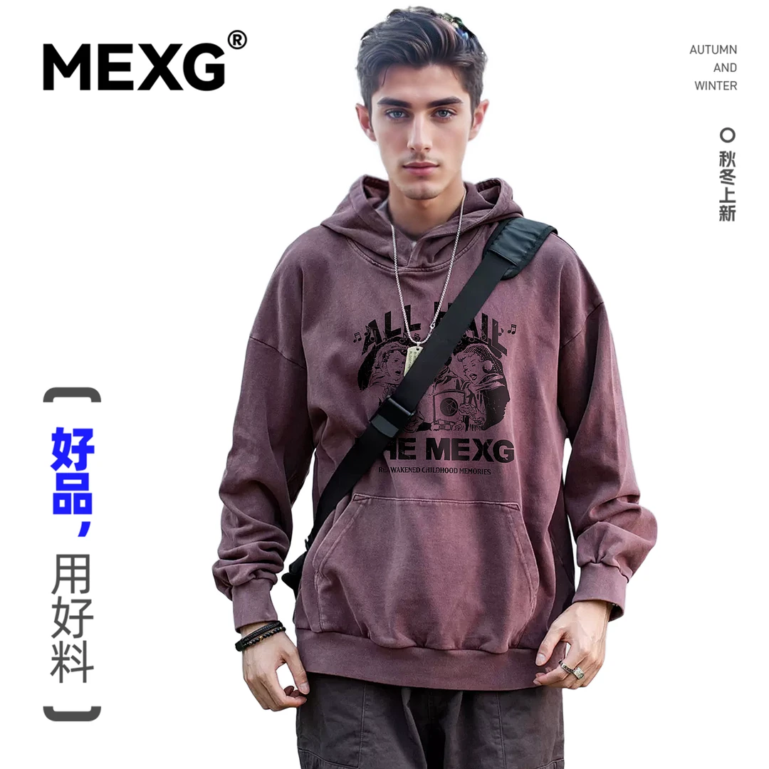 【"书影三友"印花】MEXG！带帽套头！炒色做旧！情侣休闲连帽衫W070
