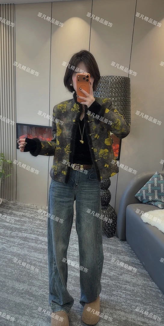 【菲凡】989提花人丝刺绣水貂毛棉服保暖外套