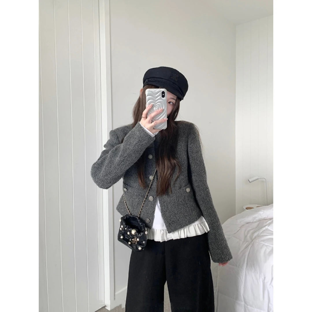 秋季圆领小香风外套女宽松休闲短款夹克上衣Y3692