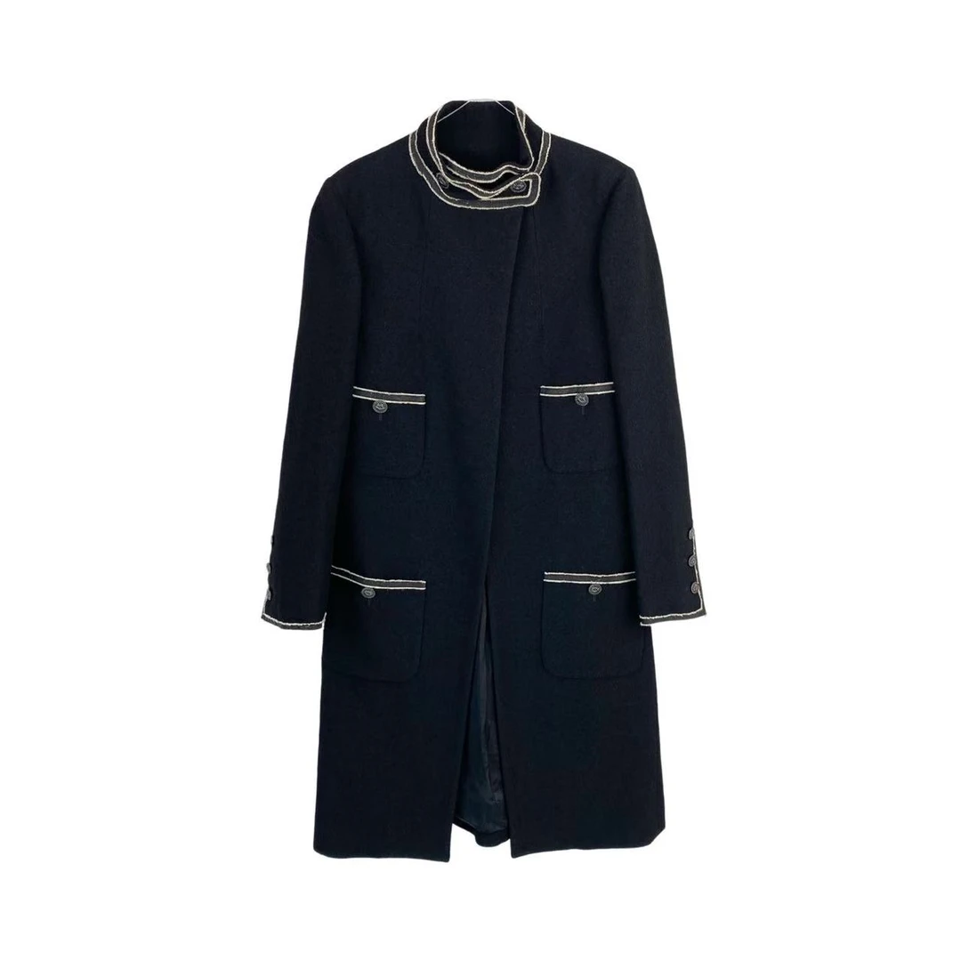 99新 Chanel/香奈儿 bb1776 羊毛 黑色四口袋长款大衣 36码