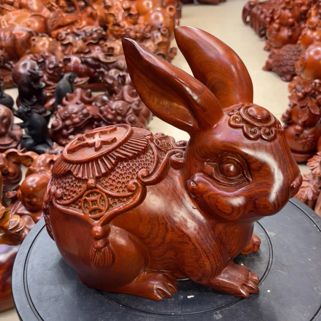 狂***雨木实木雕刻兔子摆件