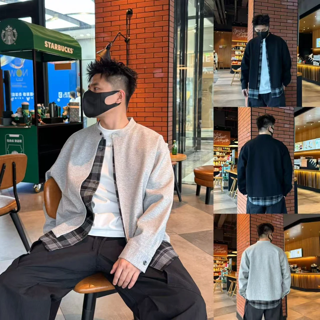 秋季新款假两件拼色设计格子休闲高级感百搭长袖高街宽松男士外套