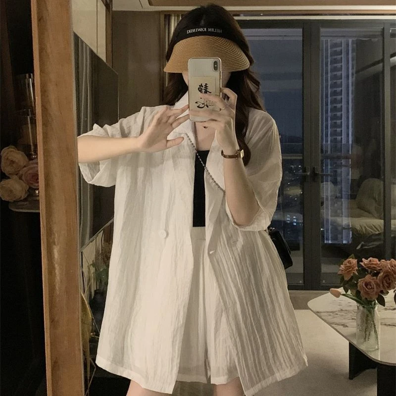 包包专属大码夏季新款减龄气质落肩百搭韩系外套+短裤套装7691