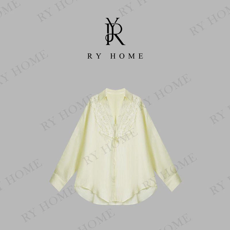 【容雨RYHOME】100%苎麻＋欧若风翻领花边长袖衬衫251C1366