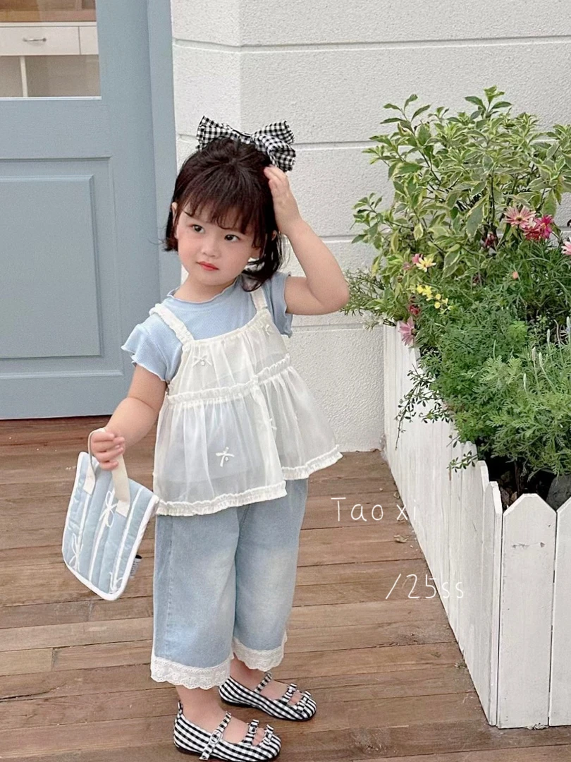 【XTL】2025新夏蓝色木耳边蕾丝蝴蝶结牛仔裤三件套2528