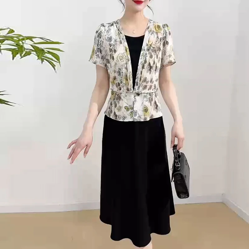 气质减龄印花裙子2025夏季新款女士时尚假两件遮肉显瘦妈妈连衣裙