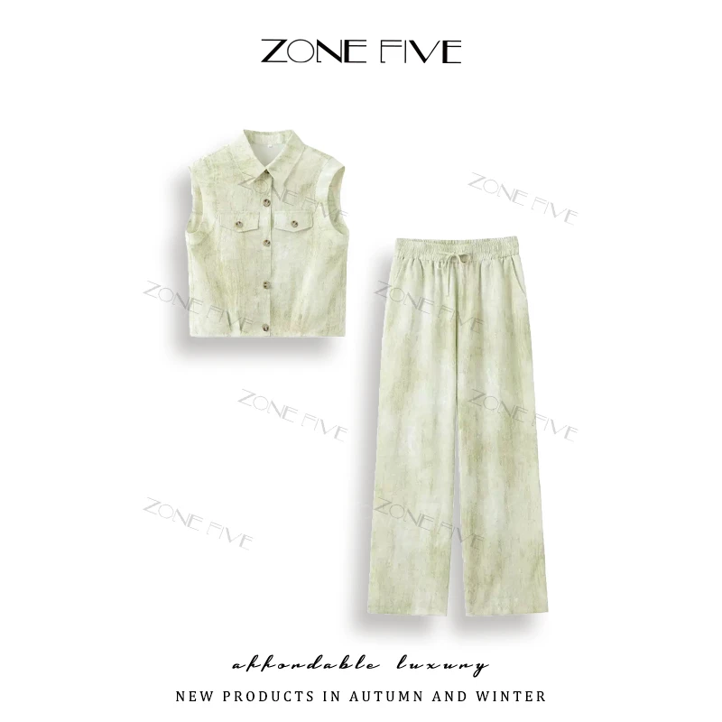 zonefive夏季新款洋气休闲无袖上衣长裤两件套套装TY8932