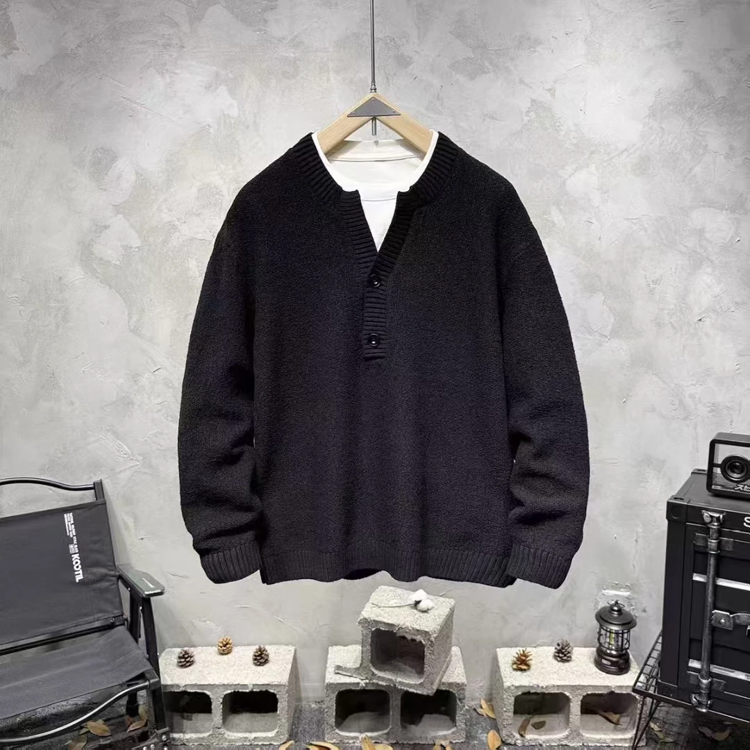 男士秋冬假两件亨利领针织衫美式慵懒风宽松百搭毛衣内搭上衣