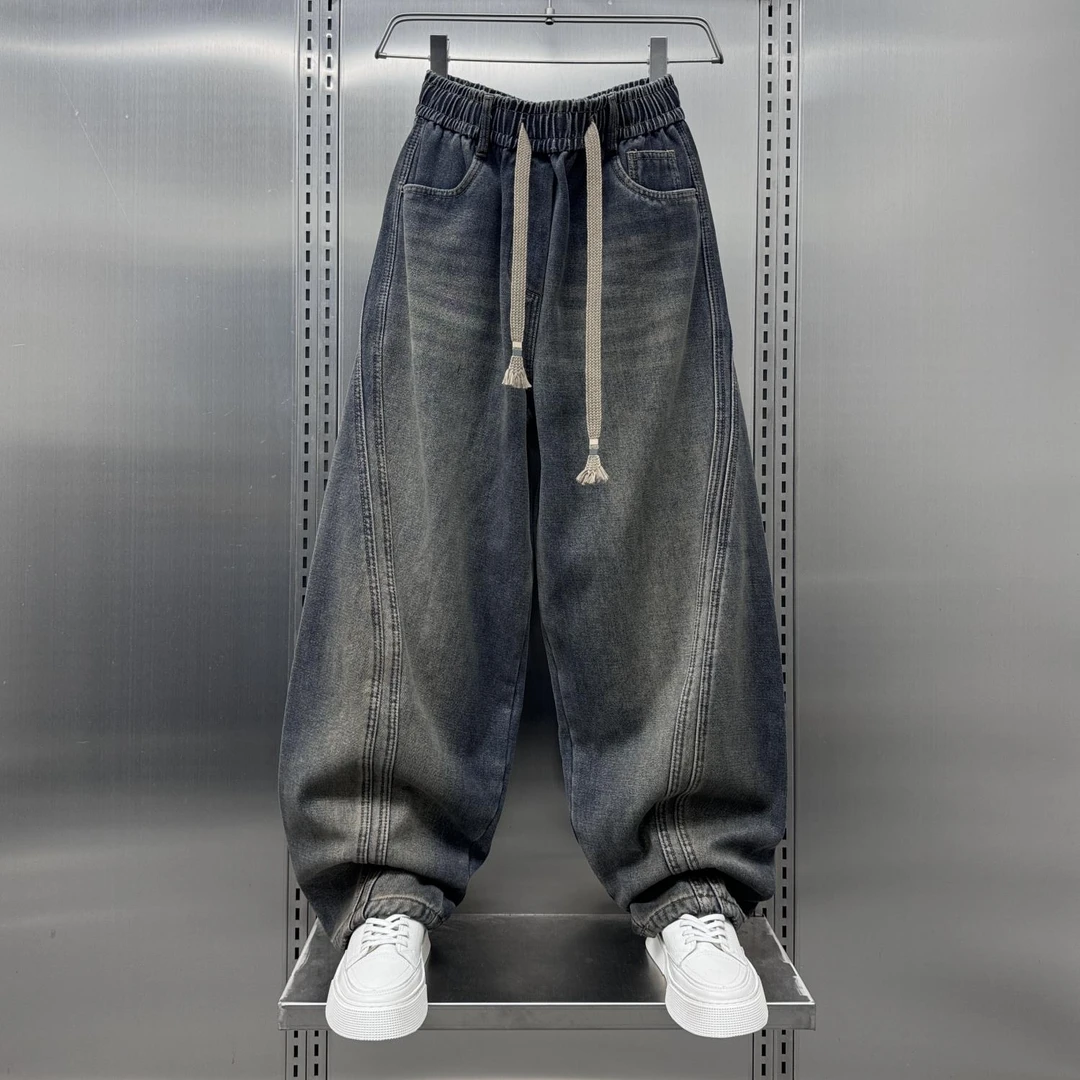 灏吉弧做旧加绒牛仔裤男士2025秋冬宽松大尺码阔腿休闲老爹裤裤子
