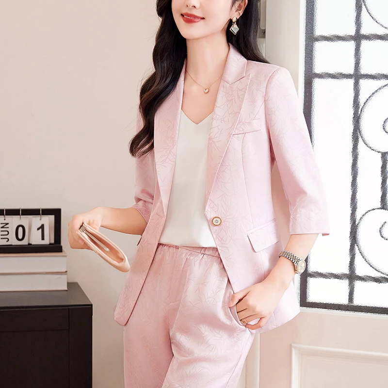 粉色西装外套女小个子2025夏季新款七分袖时尚气质短款西服套装