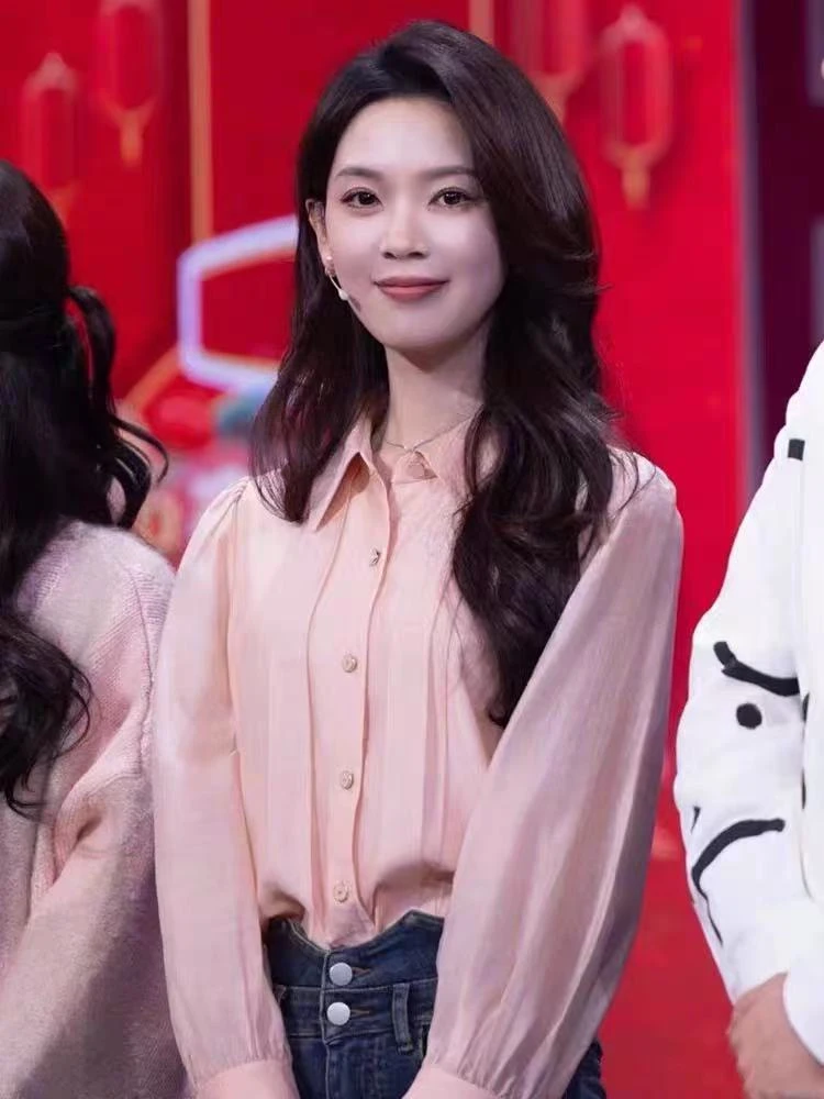 TOP【陈瑶同款】2025春晚三醋酸丝滑新款甜美气质绝显瘦飘带衬衫