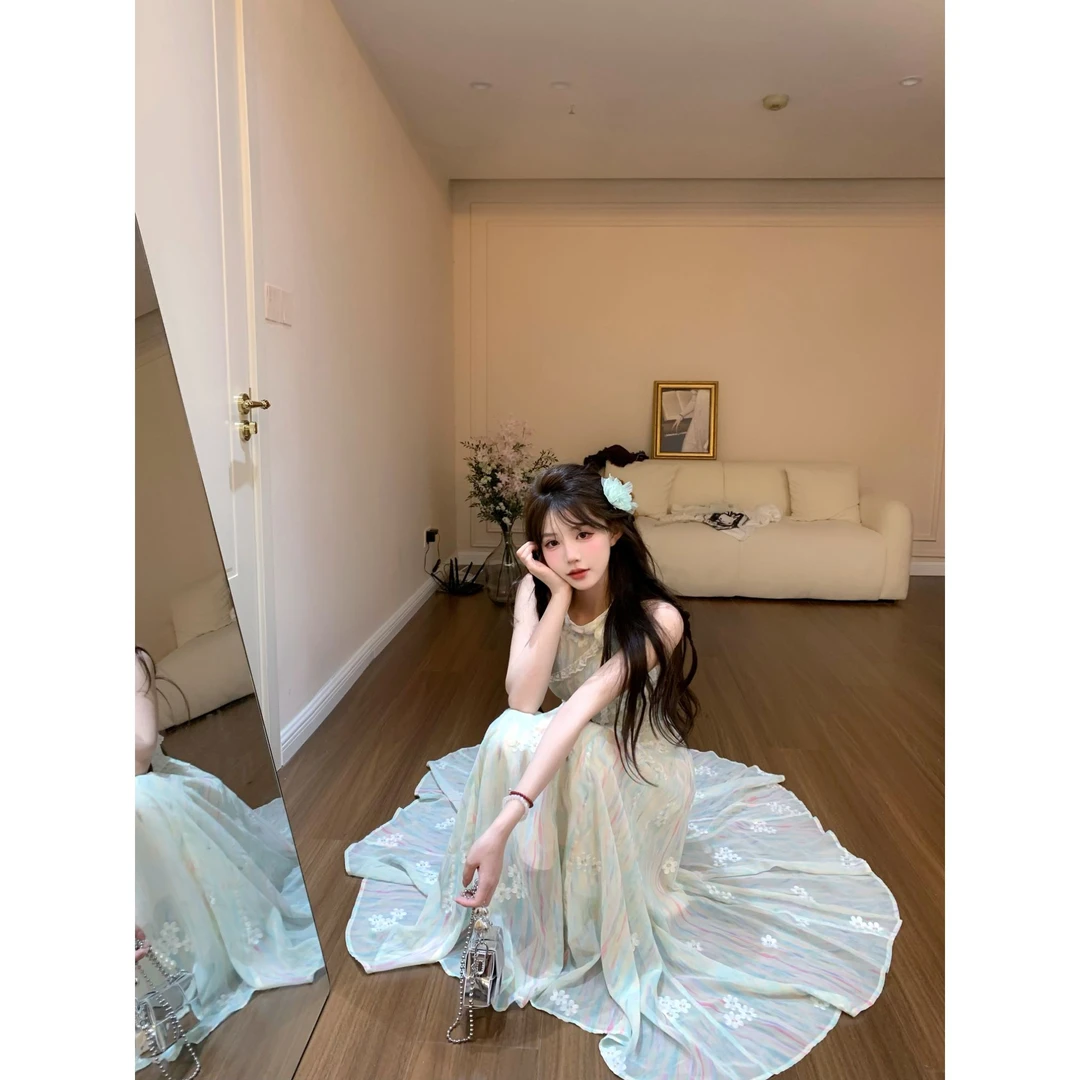 瑞茜·威瑟斯茉莉青绿2.0 夏季仙气甜美显瘦收腰长裙连衣裙R6928H