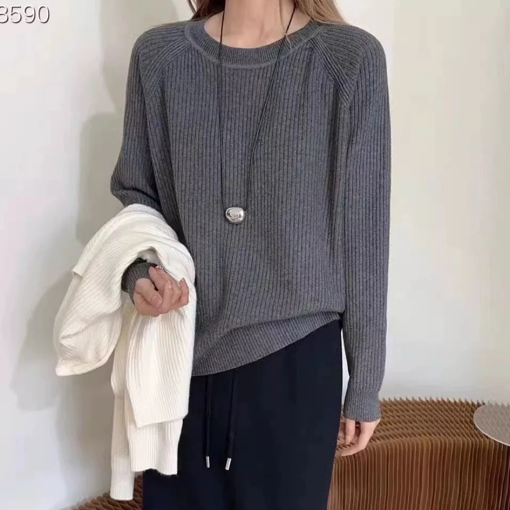 Meiky饼 百搭柔软 坑条圆领领弹力显瘦针织上衣