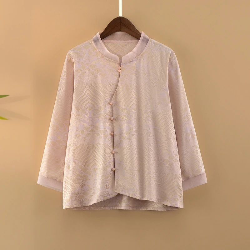 【雪澜】夏季2025新款上衣小衫女装新中式国风立领提花薄款长袖衬衫