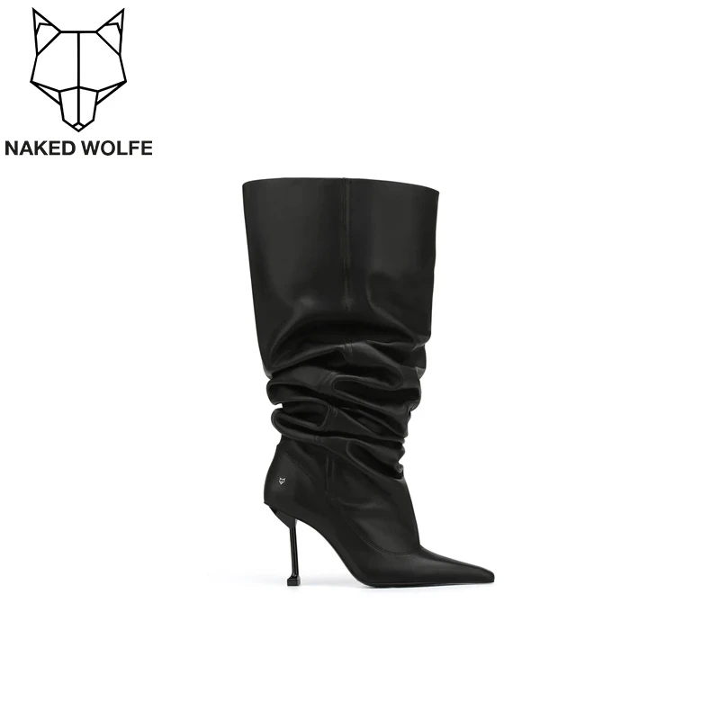 VERN/Naked Wolfe超大筒围高跟长筒靴辣妹尖头细跟宽筒长靴堆堆靴