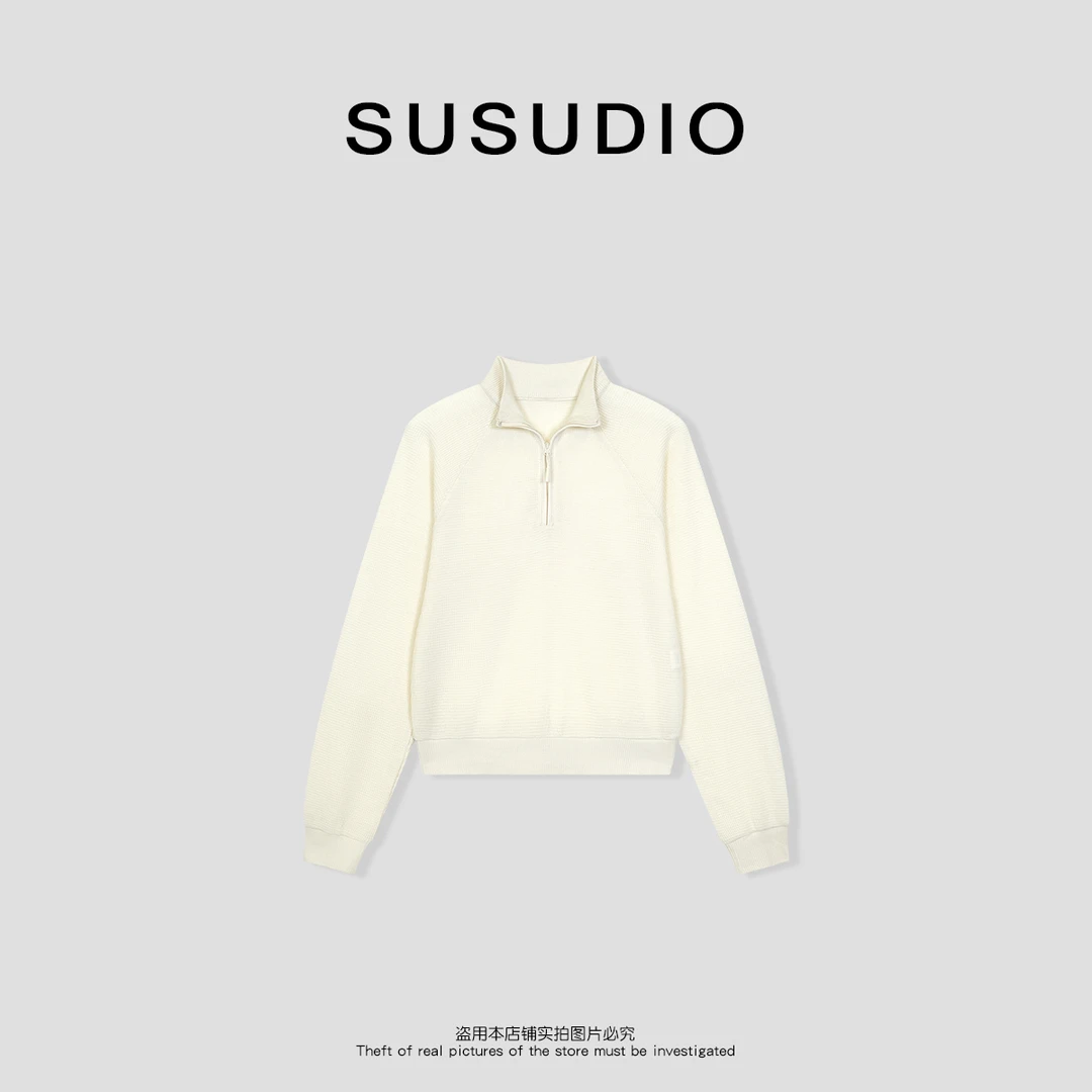 SUSUDIO 设计款时尚插肩袖修身半拉链卫衣60019
