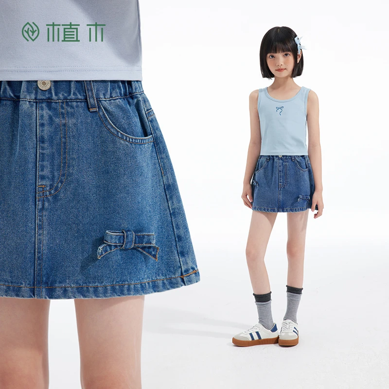 植木童装女童裙子2025春季新款中大童棉质牛仔半裙儿童A字半身裙