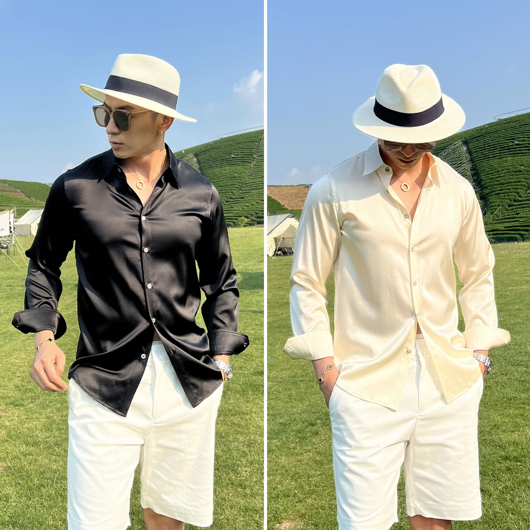 言吉男装高端新品休闲真丝衬衫夏季新款高奢桑蚕丝衬衣YJ55091-