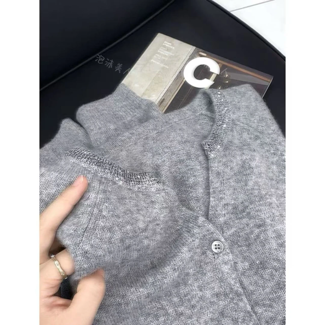 珠光领开衫」柔软气质！薄款显瘦V领镶钻针织开衫女25早秋新款