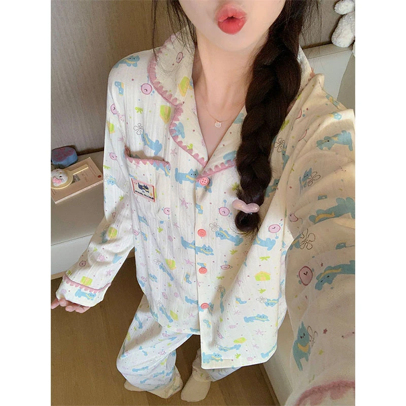 春秋季爆款卡通猫咪睡衣女款2026新款棉布长袖开衫学生家居服套装