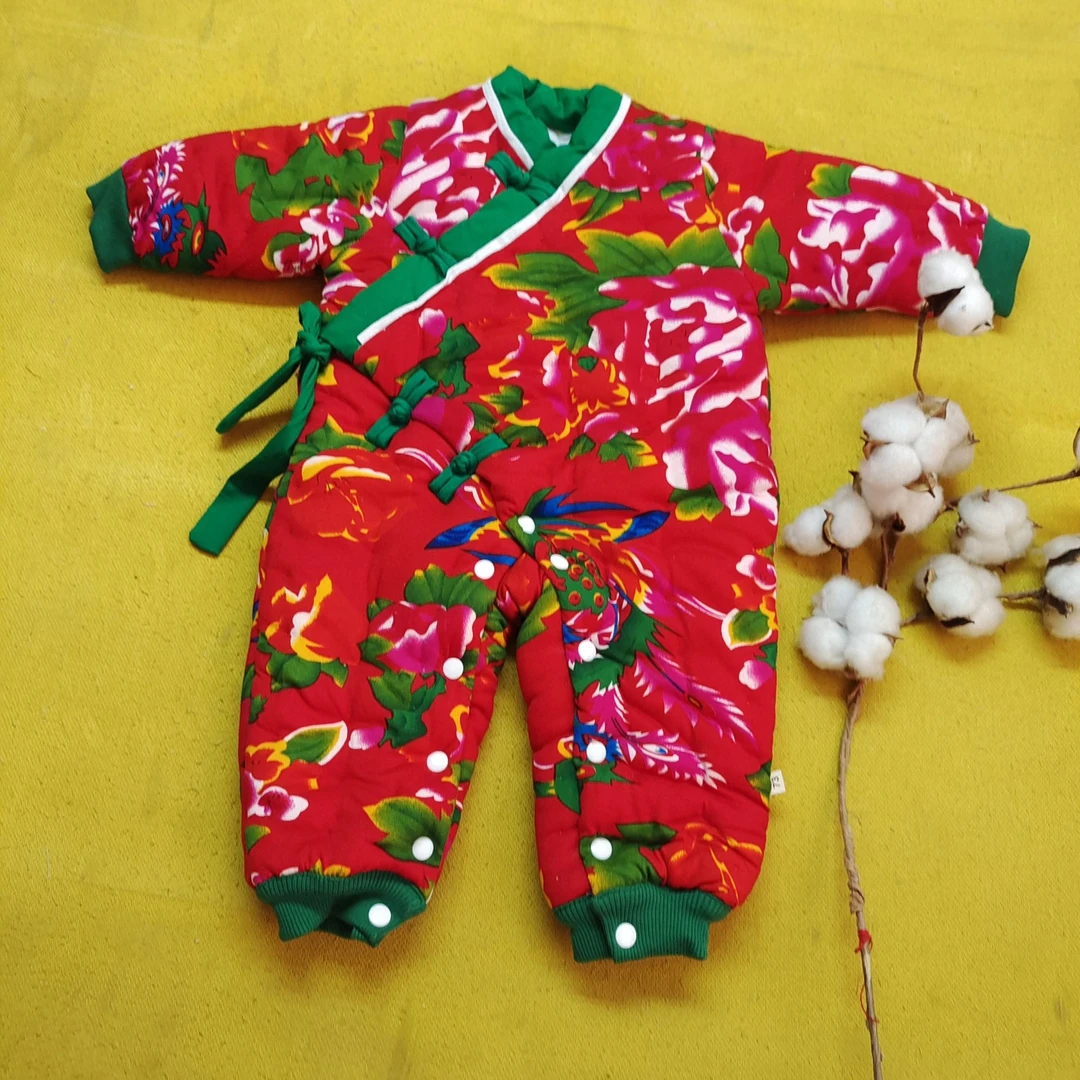东北大花宝宝复古盘扣偏襟手工棉花加厚连体衣爬爬服哈衣新生儿