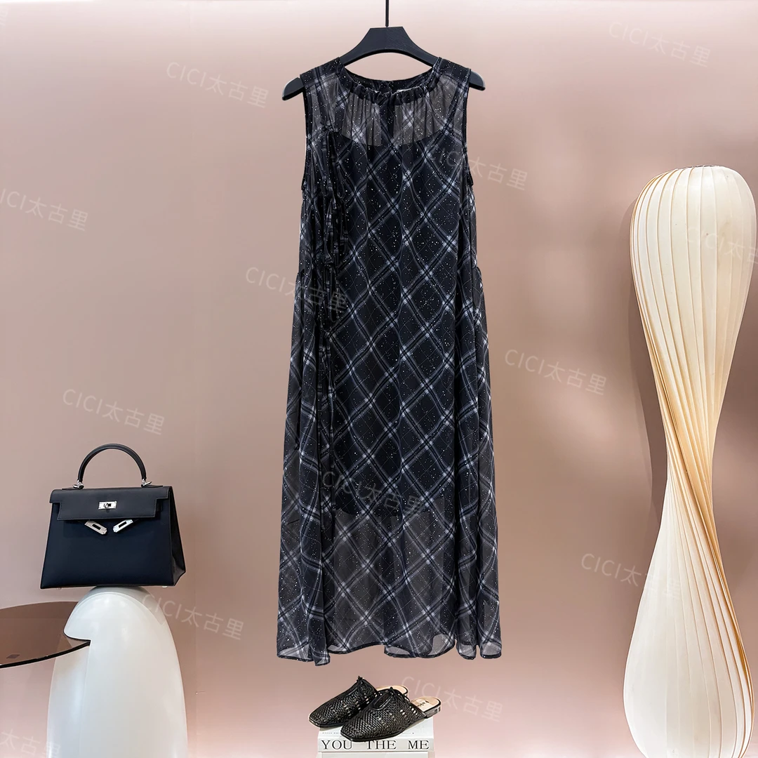 轻盈时尚  气质名媛桑蚕丝天 丝混纺无袖中长款连衣裙LJ-6000207