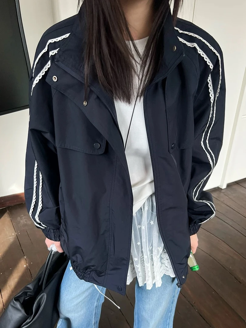 25春款休闲立领长袖撞色蕾丝边冲锋衣外套