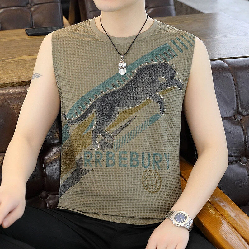 夏季男士好看的冰丝背心霸气豹子潮流大码宽松坎肩男圆领无袖T恤