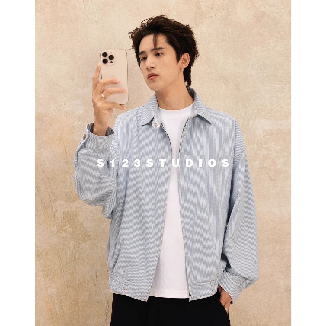 聪明陈S123早秋新品薄款蓝白条纹翻领夹克男女潮流轻奢痞帅男装