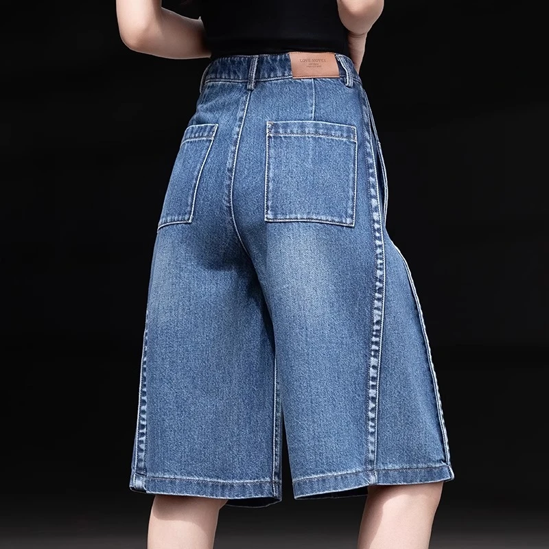 蓝色牛仔裤阔腿牛仔五分短裤女新款2025夏季薄款高腰宽松直筒中裤