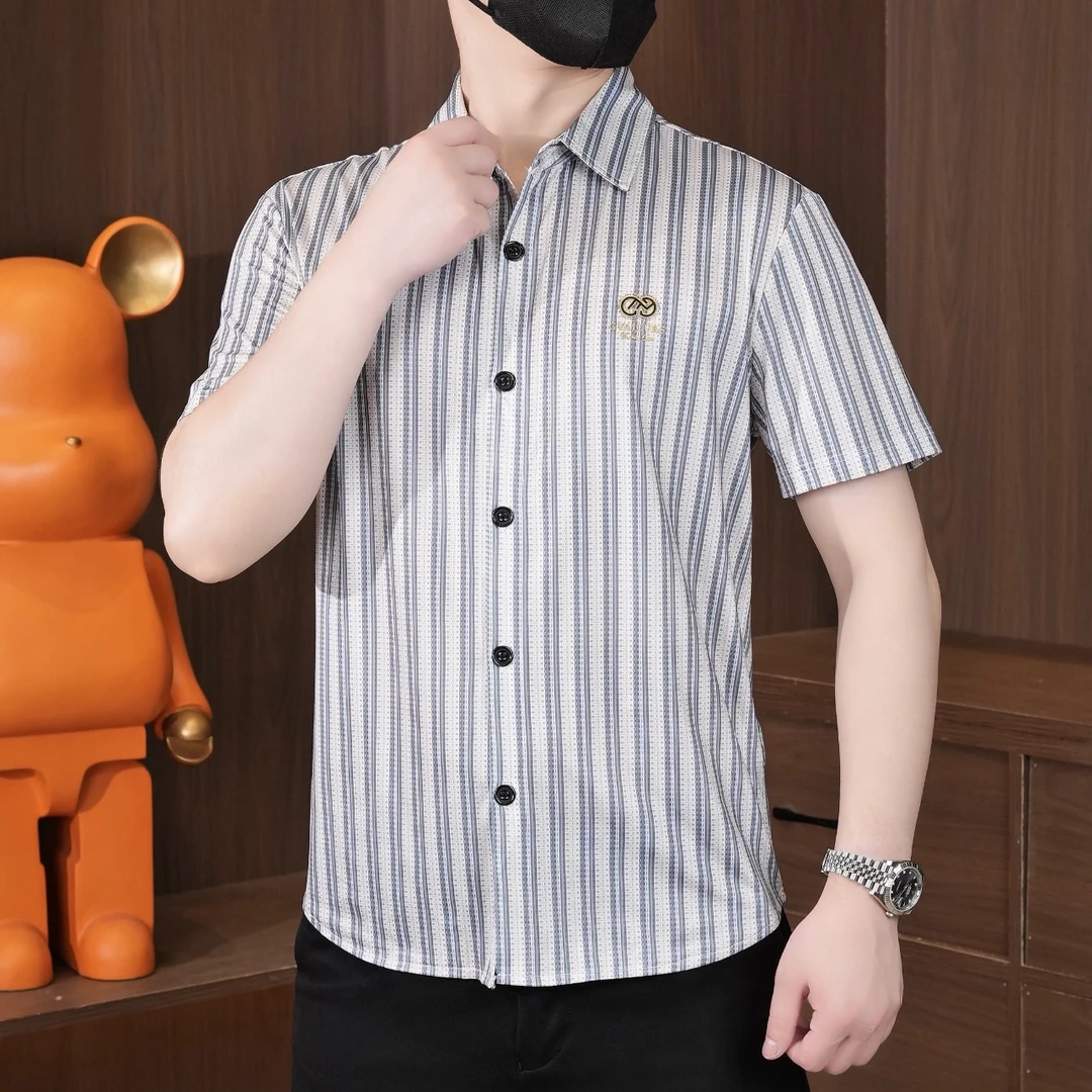 弹力抗皱条纹衬衫夏季男装条纹翻领衬衣短袖时尚休闲
