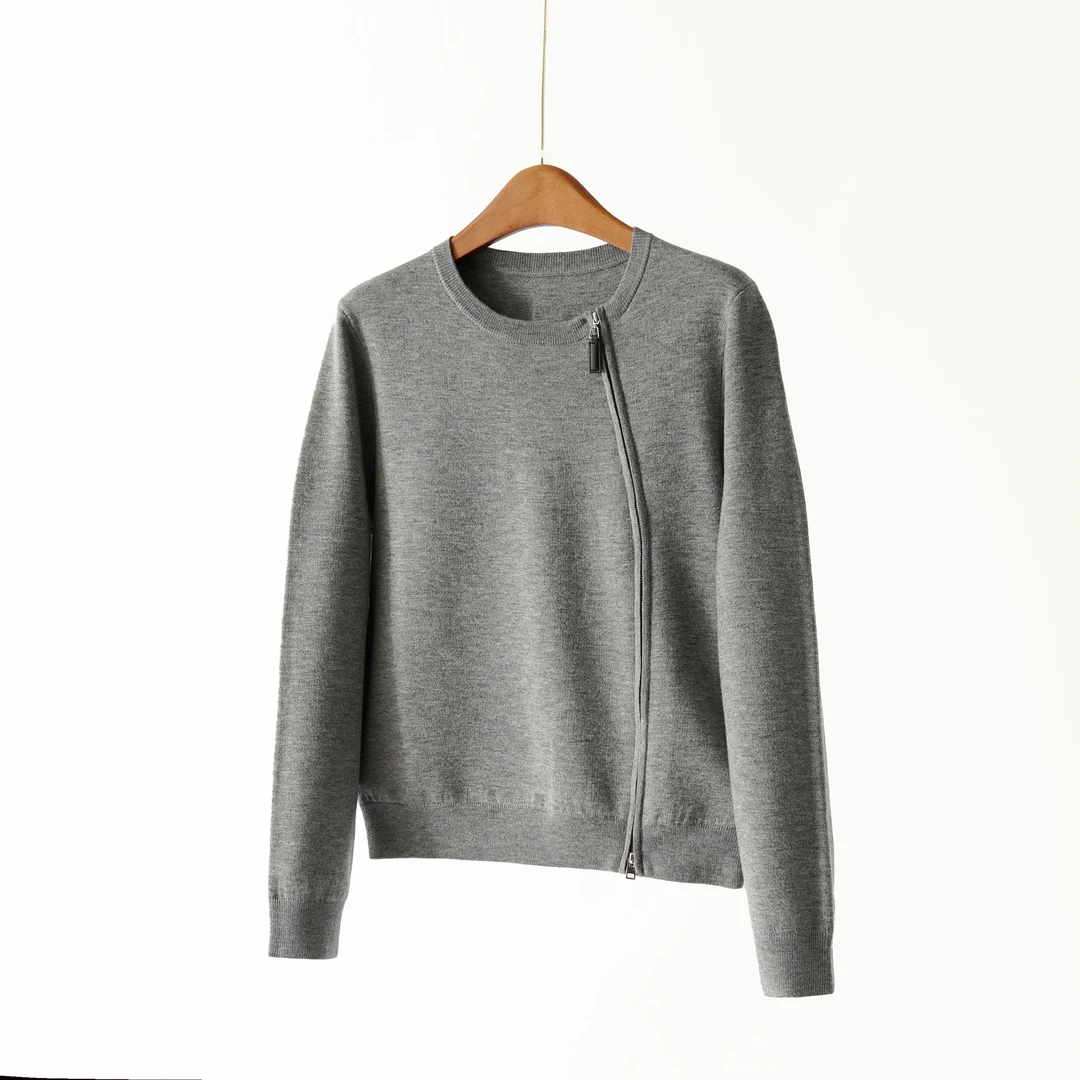 【YS11850】2025秋季新款双拉链圆领长袖通勤百搭羊毛针织衫女