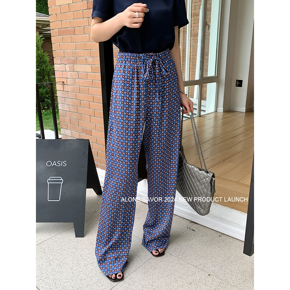 【ALONE SAVOR】简约休闲印花缎面休闲裤夏季外穿松紧腰长裤U108