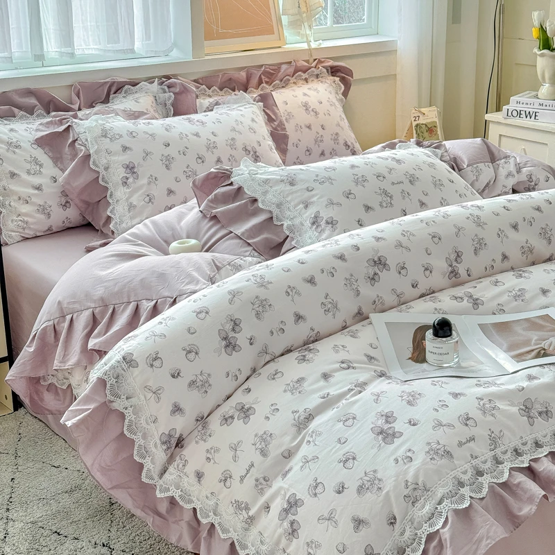 新款小清新花边纯棉四件套小碎花春夏床上用品被罩床单韩版被套