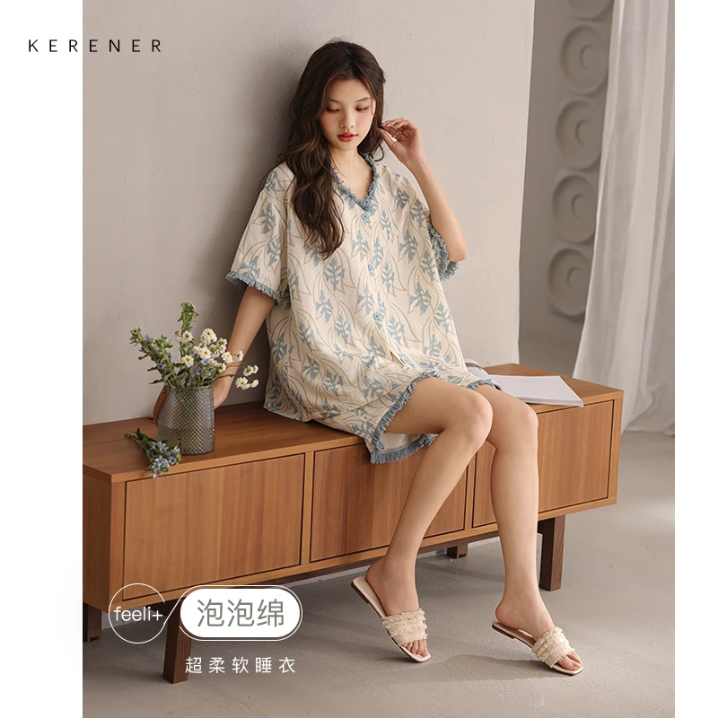 可人儿小众设计师新款泡泡绵女士睡衣夏季短袖可外出家居服