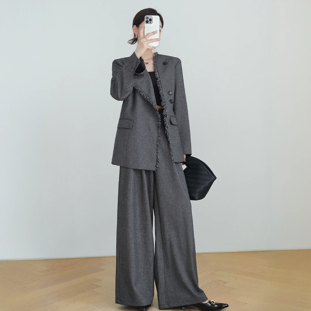 大码女装秋季西装阔腿裤两件套2025新款胖mm设计感西服阔腿裤套装