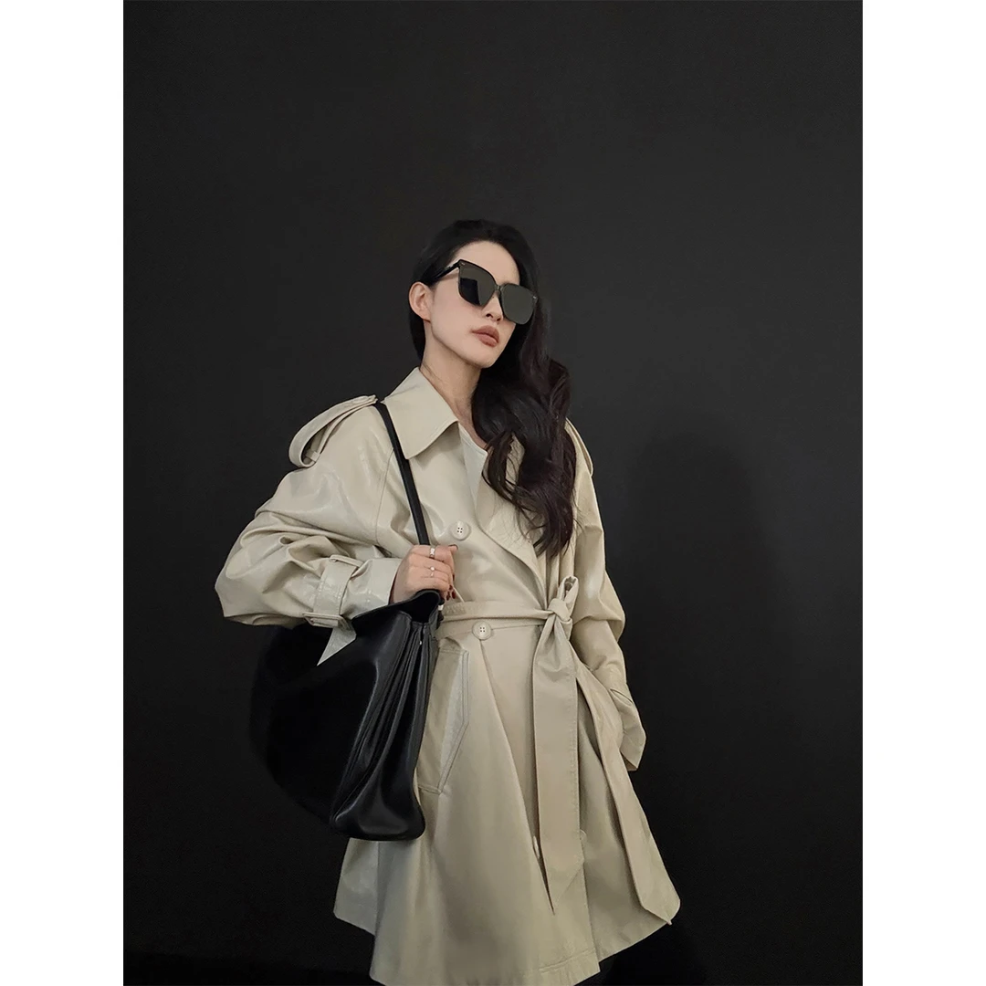 02.06 P0206Y3562 短皮风衣宽松复古休闲翻领双排扣高级感外套女
