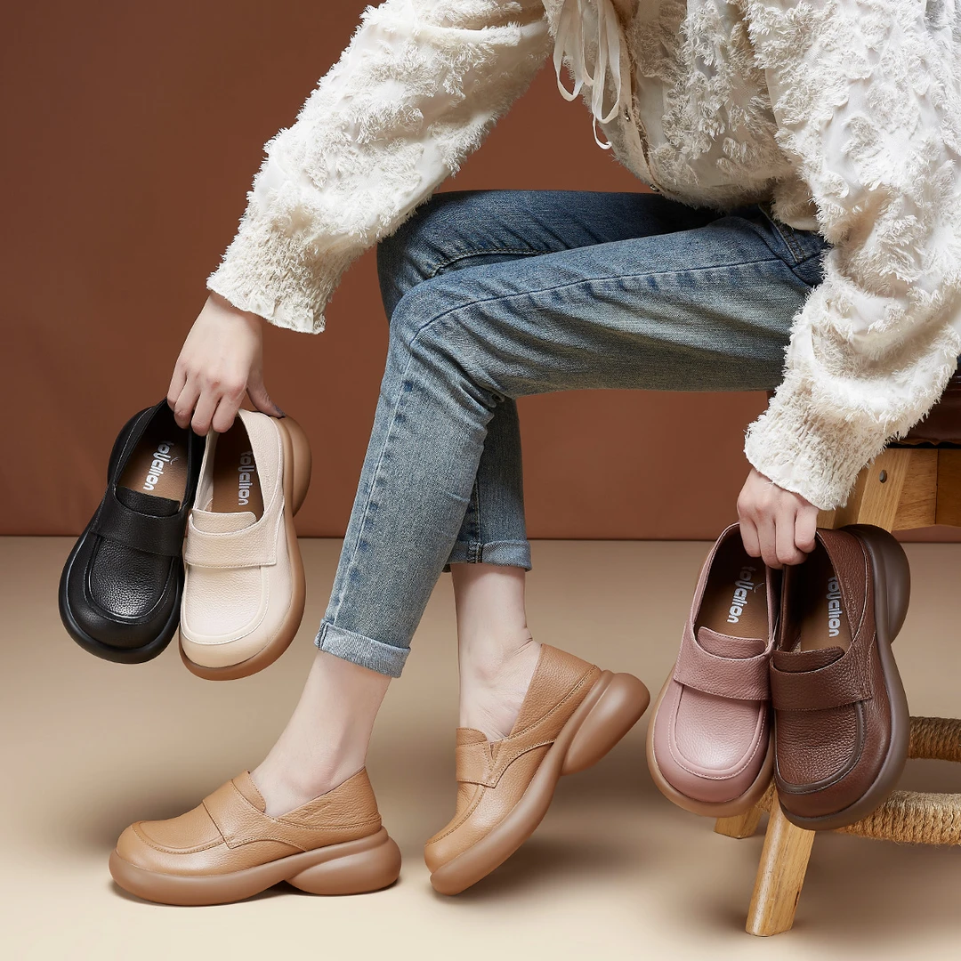 | 花开 | 5公分 头层牛皮单鞋原创软底防滑圆头懒人单鞋 410