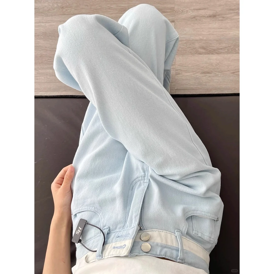 设计感高腰直筒牛仔裤女2025新款双扣夏季宽松显瘦窄版阔腿裤子