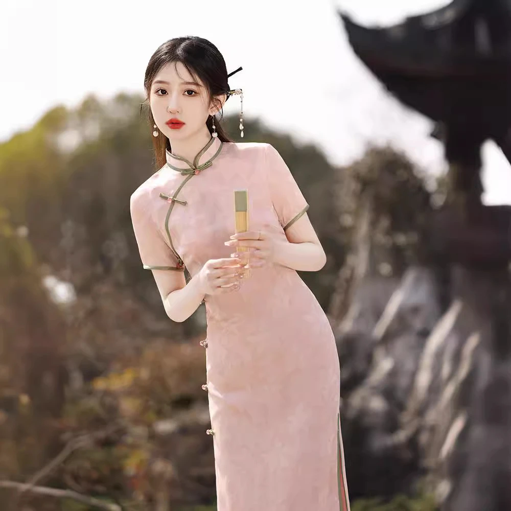 气质复古民国风网红新款！少女中式显瘦中长款修身旗袍，粉