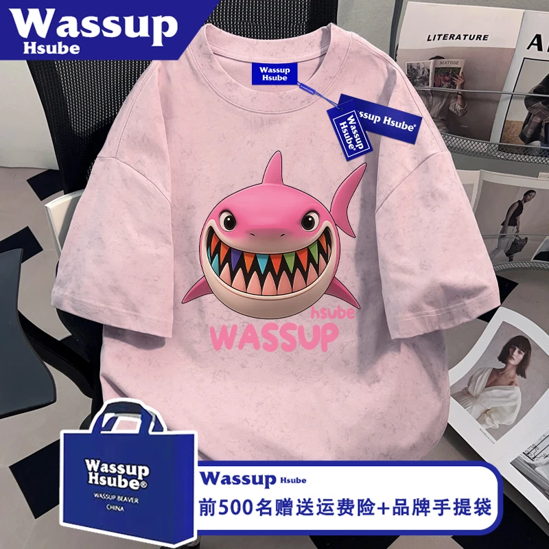 WASSUP HSUBE夏纯棉潮流T恤趣味鲨鱼印花短袖男女蜡染时尚半袖ins